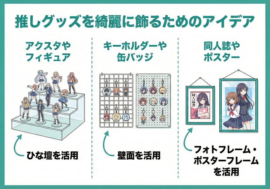 オタクの部屋を片付けるための飾り方アイデア
・アクスタやフィギュア=ひな壇を活用
・キーホルダーや缶バッジ=壁面を活用
・同人誌やポスター=フォトフレーム・ポスターフレームを活用