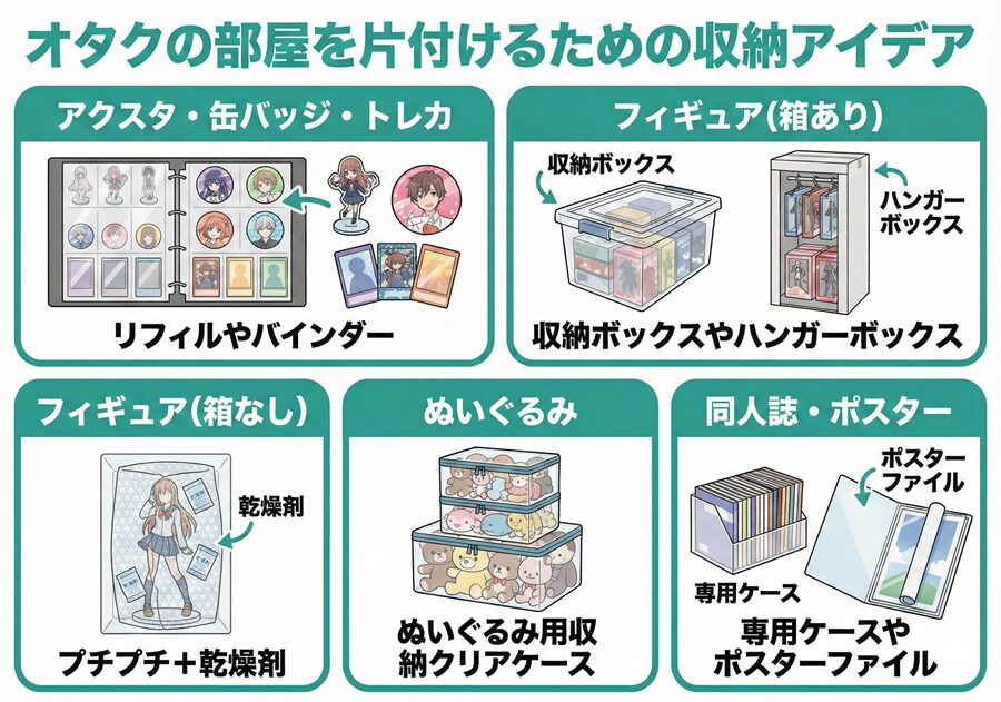 オタクの部屋を片付けるための収納アイデア
・アクスタ・缶バッジ・トレカ=リフィルやバインダー
・フィギュア(箱あり)=収納ボックスやハンガーボックス
・フィギュア(箱なし)=プチプチ+乾燥剤
・ぬいぐるみ=ぬいぐるみ用収納クリアケース
・同人誌・ポスター=専用ケースやポスターファイル