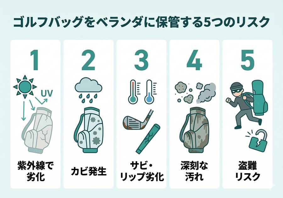 ゴルフバッグをベランダに保管する5つのリスク。
１．紫外線で劣化
２．カビ発生
３．サビ・グリップ劣化
４．深刻な汚れ
５．盗難リスク