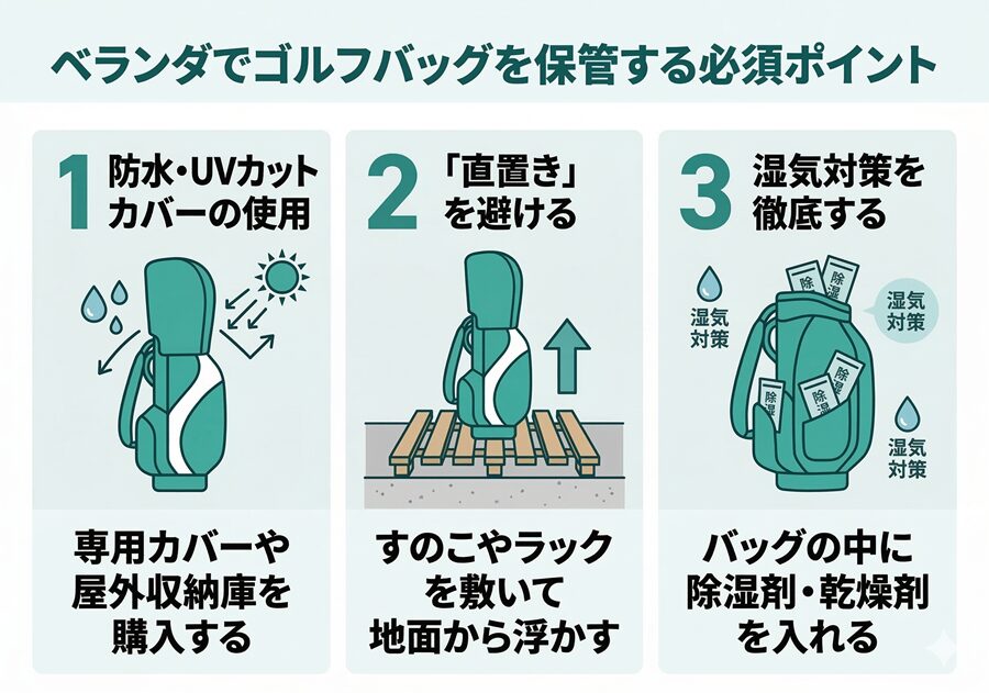 ベランダでゴルフバッグを保管する収納グッズとお手入れ
防水・UVカットカバーの使用・直置きを避ける・湿気対策