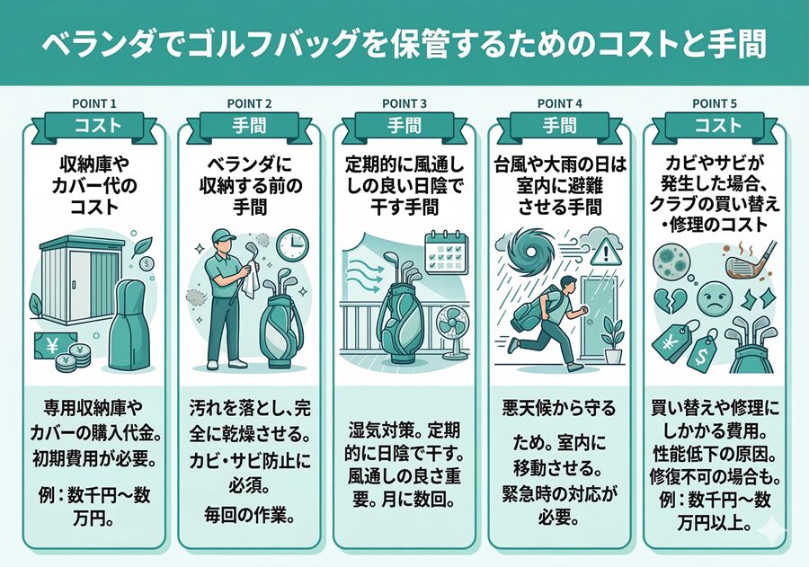 ベランダでゴルフバッグを保管するためのコストと手間
収納庫やカバー代コスト、ベランダに収納する前の手間、干す手間、大雨時避難させる手間、買い替えコスト