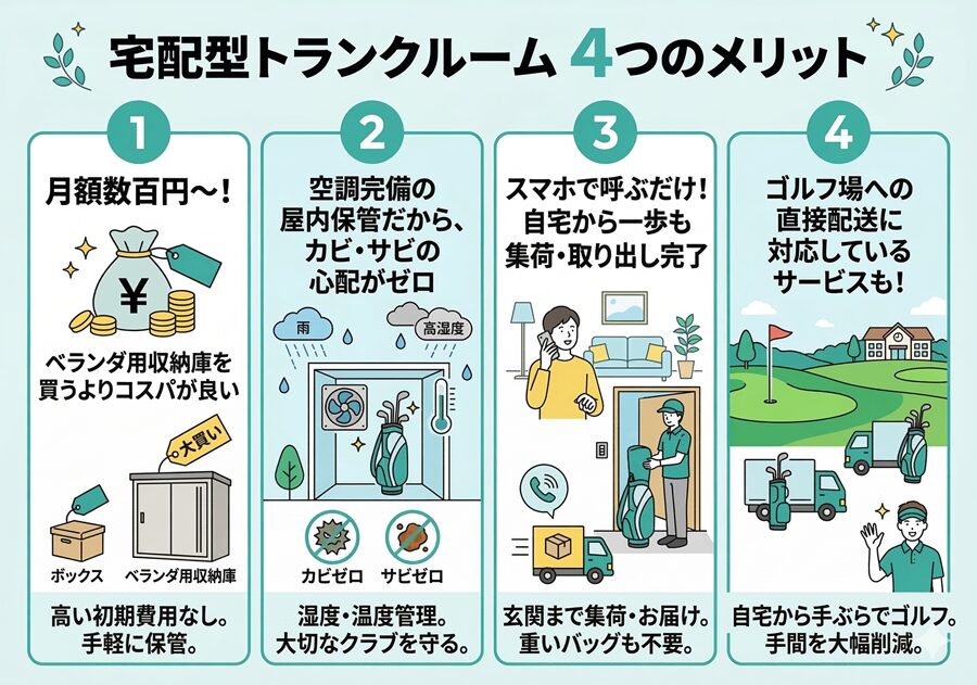 ゴルフバッグを預ける宅配型トランクルーム4つのメリット
１．初期費用なし
２．湿度・温度管理の徹底
３．自宅から出ないで集荷取り出し可能
４．ゴルフ場直接配送アリ